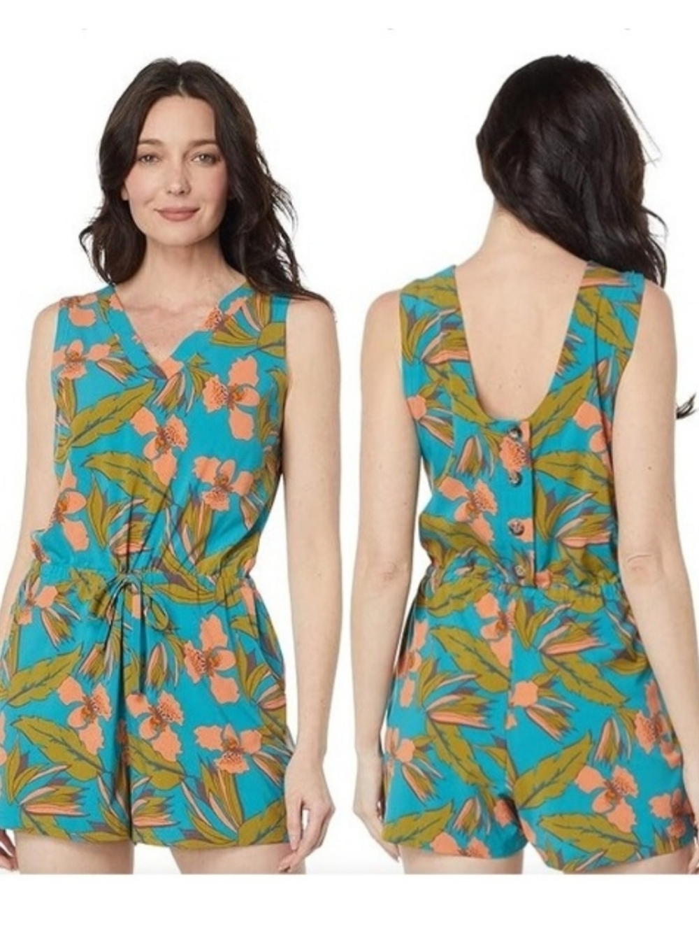 Toad & Co. Teal Floral Liv  Sleeveless Romper with Curacao Aloha Print, M